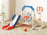 Children's playset with slide and swing in a room with curtains and plants.