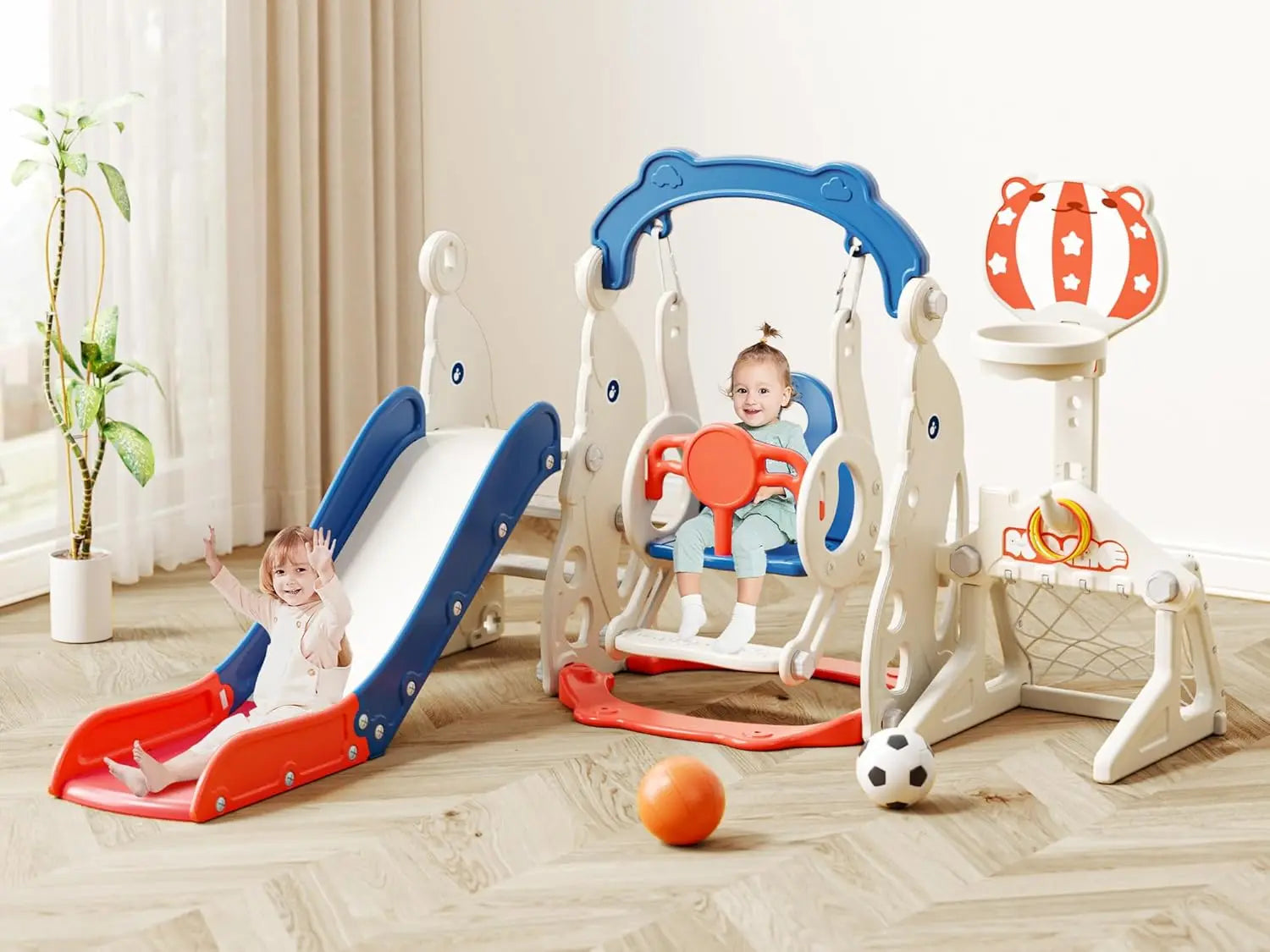 Children's playset with slide and swing in a room with curtains and plants.