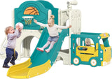 Children playing on a colorful playground set with slide, basketball hoop, and toy car.