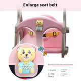 Pink baby seat with cartoon bear design and with 'Enlarge seat belt'