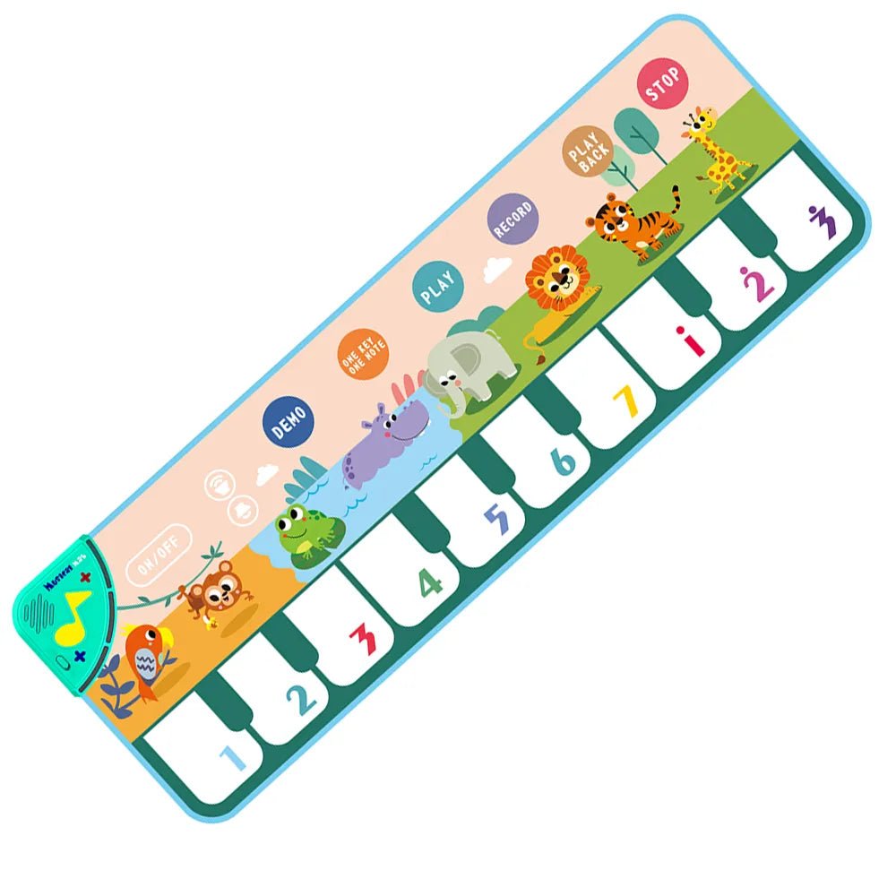 Colorful toy piano with animal illustrations.