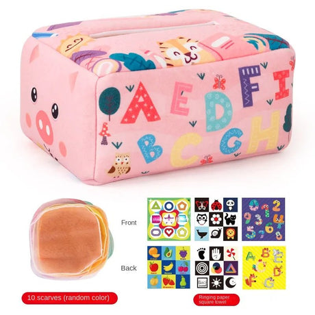 Pink pouch with alphabet letters and cartoon designs, featuring a small orange item and patterned cards.