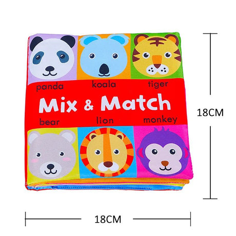 Colorful children's book with animal faces and 'Mix & Match' text, dimensions indicated.
