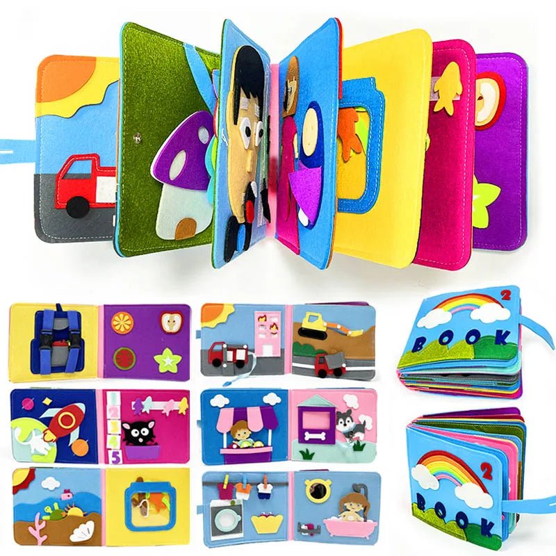 Colorful children's soft book with various illustrations on a white background