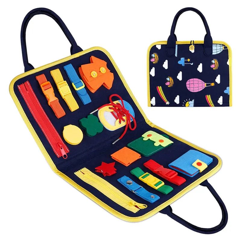 Colorful craft kit with various tools in an open case, showing a close-up of the lid with patterns.