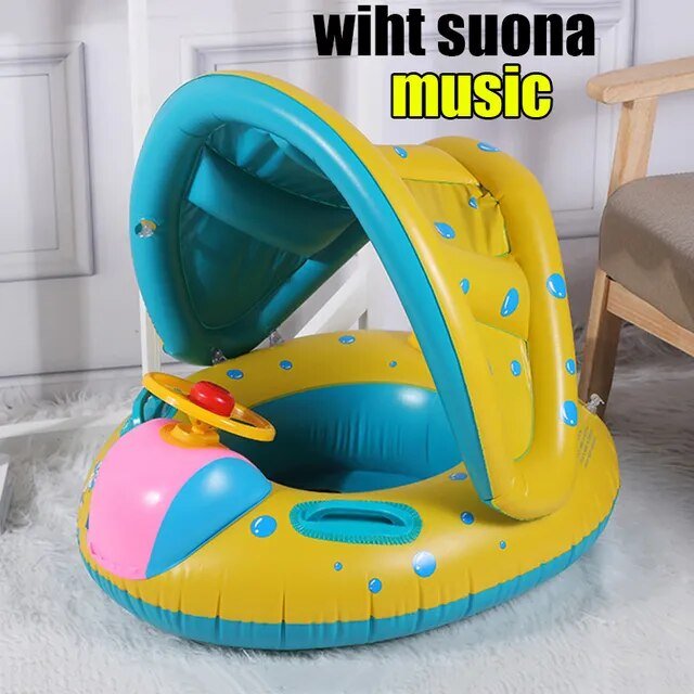 Colorful inflatable baby seat with canopy on a light-colored floor.
