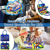 Colorful travel activity book for kids during road trips and airplane rides, with parents and children using it.