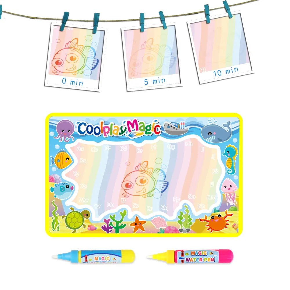 Colorful water magic drawing paper with markers and ocean-themed border on a white background