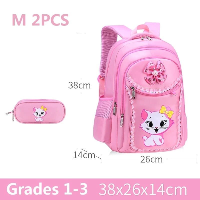 Pink backpack and pencil case with cat design, dimensions shown, suitable for Grades 1-3.