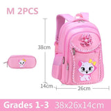 Pink backpack and pencil case with cat design, dimensions shown, suitable for Grades 1-3.
