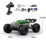 Green RC monster truck with remote control, accessories, and dimensions displayed.