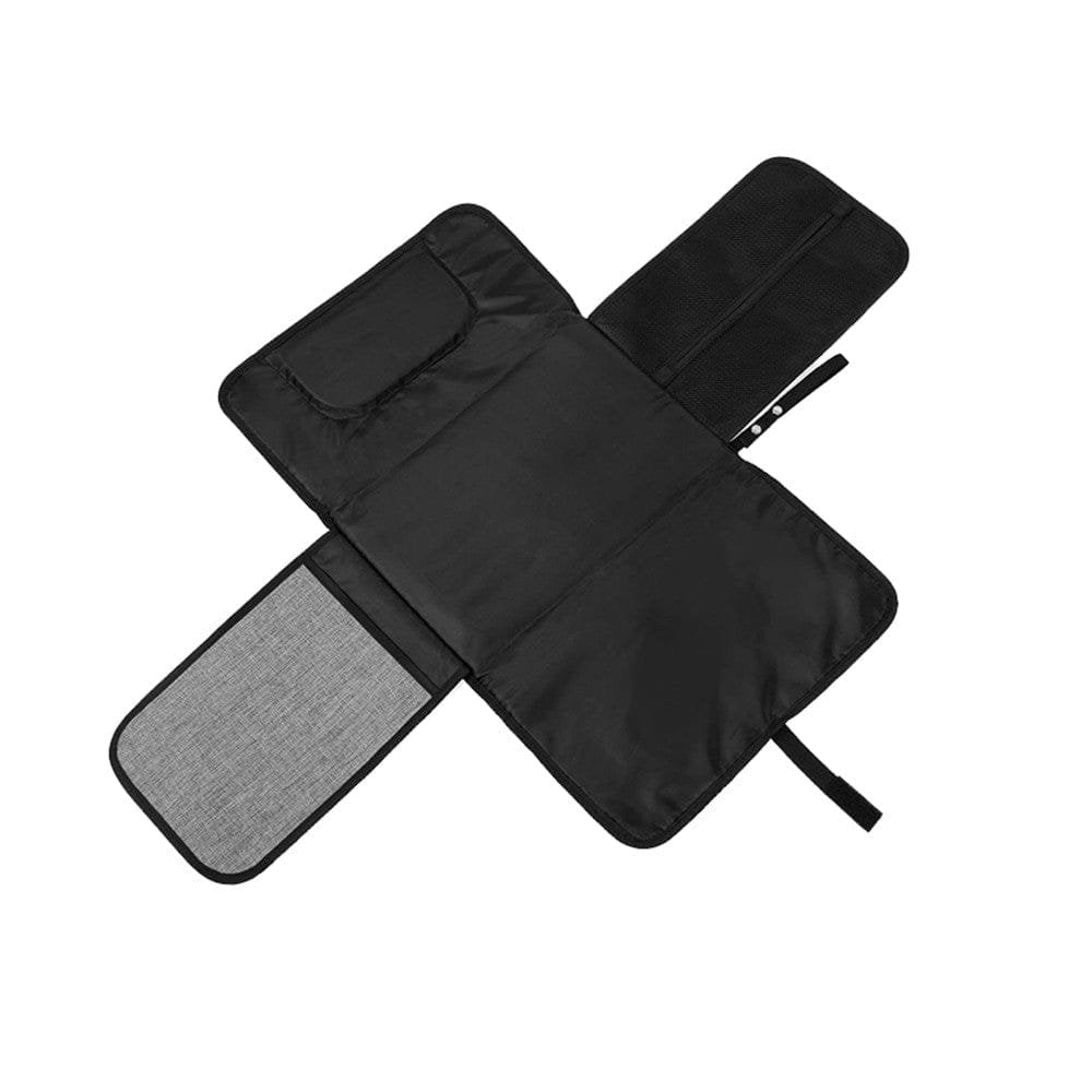 Black and gray car seat cover with multiple compartments.