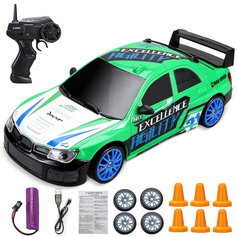 Green toy race car with remote control, battery, and accessories