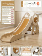 Children's slide with bear design on a wooden floor, featuring text and graphics about product features.