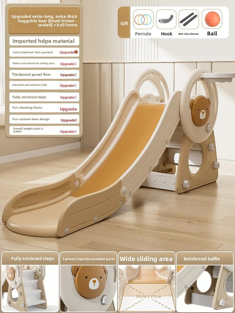 Children's slide with bear design on a wooden floor, featuring text and graphics about product features.