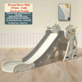 Children's slide with additional play equipment on a wooden floor, featuring text about product features.