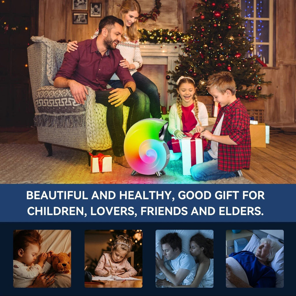 Family gathered around a Christmas tree with a colorful toy, surrounded by festive decorations.