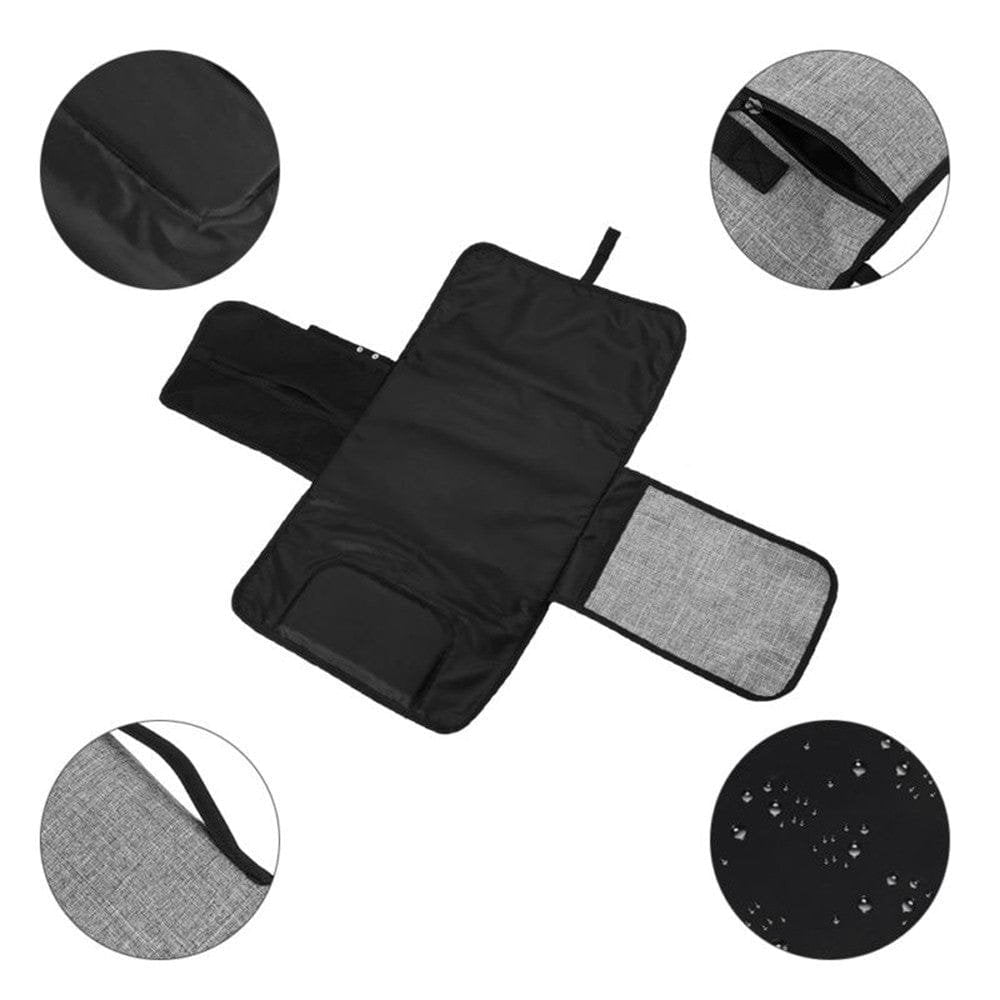 Black and gray diaper changing pad with multiple views.
