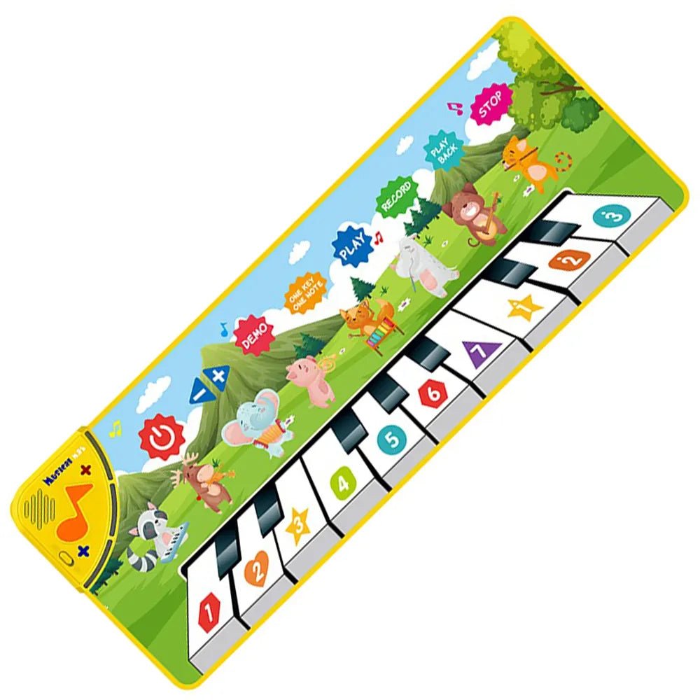 Children's piano mat with cartoon animals and keys.