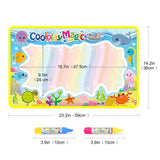 Coolplay Magic drawing mat with ocean-themed border and markers, showing dimensions.
