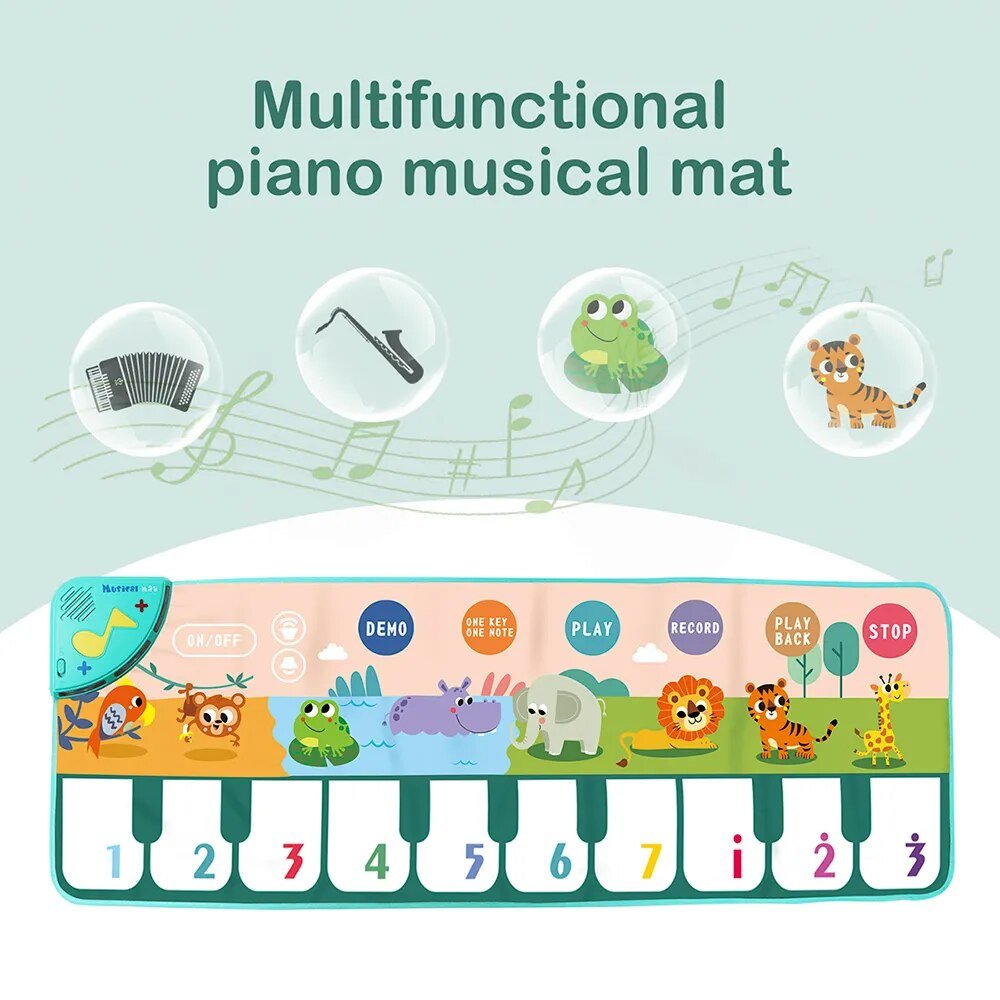 Multifunctional piano musical mat with animal illustrations.