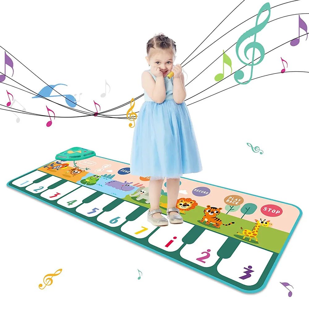 Child playing on a colorful piano mat with musical notes and animals.