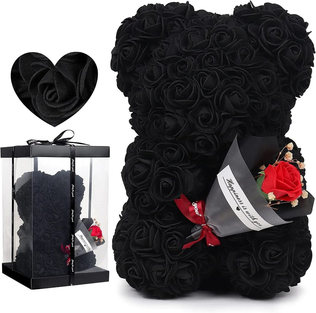 Black rose teddy bear with a smaller black rose bear in a box.