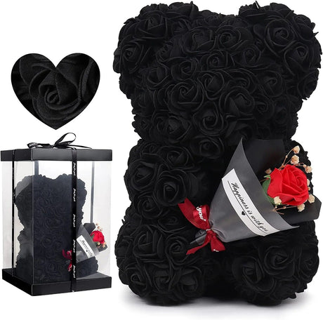 Black rose teddy bear with a smaller black rose bear in a box.