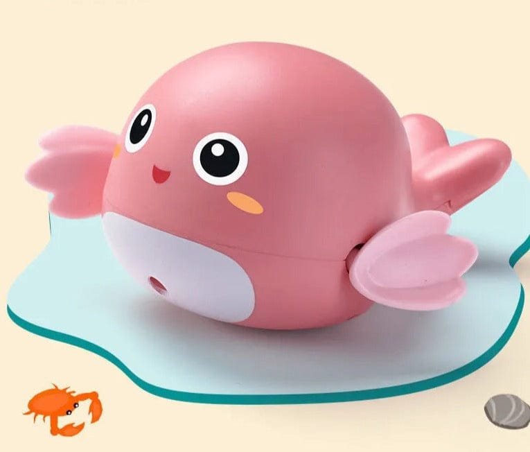 Pink cartoon-like octopus toy on a light blue stand with a beige background
