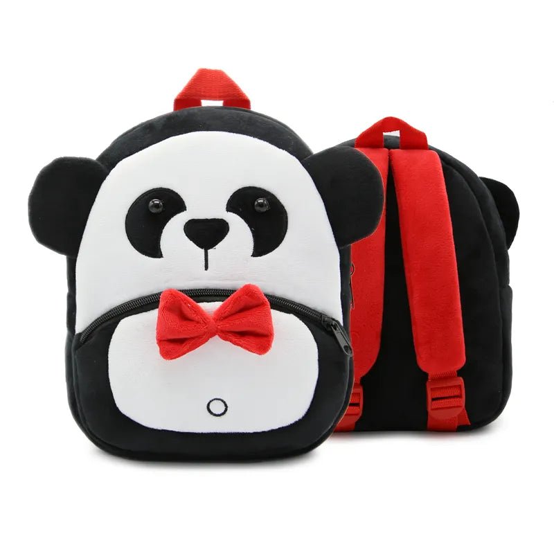 Panda-shaped backpack with a red bow tie.