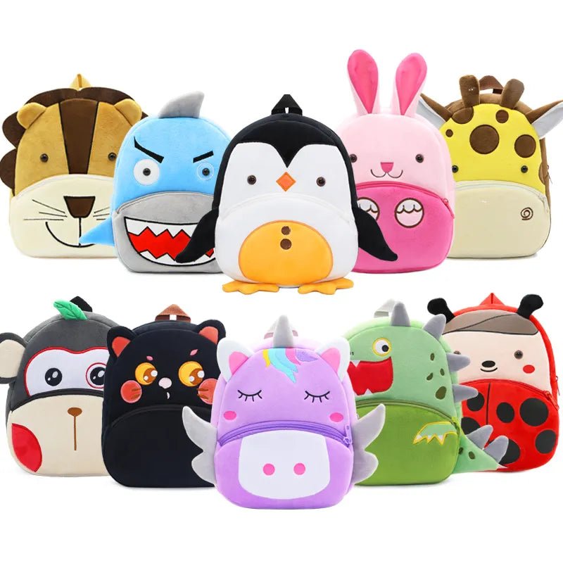 Collection of colorful animal-themed children's backpacks.