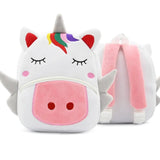 Unicorn-shaped backpack with pink face and rainbow horn.