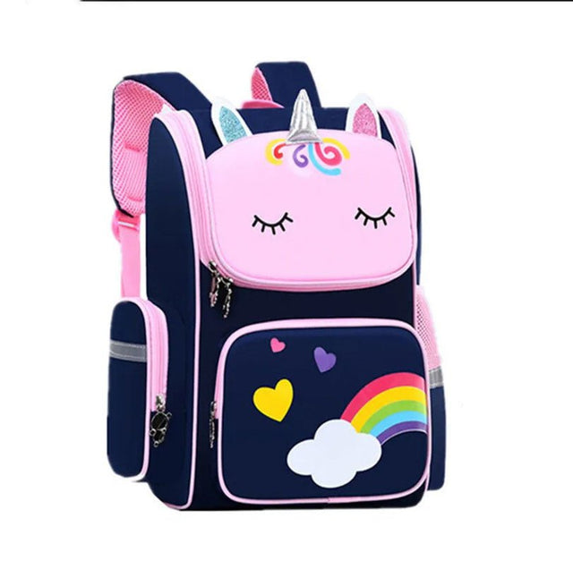 Unicorn-themed backpack with pink face and rainbow design