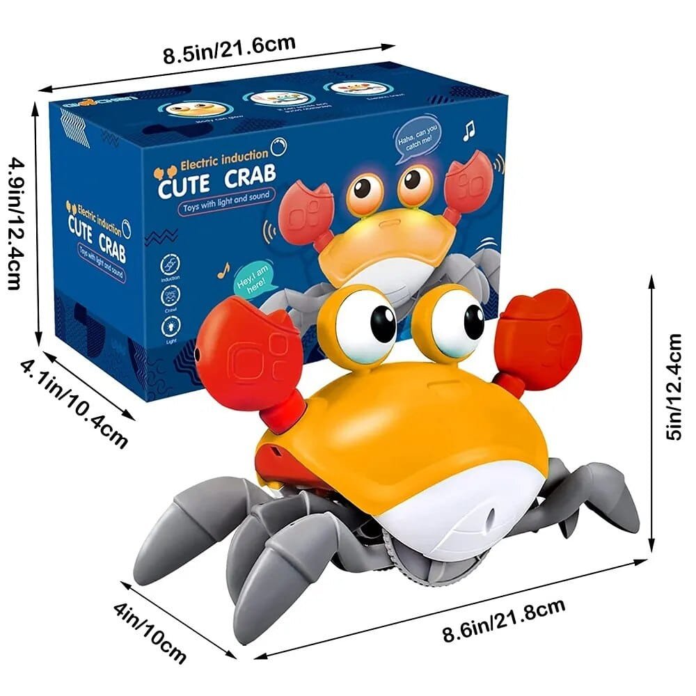 Toy crab with dimensions and packaging.