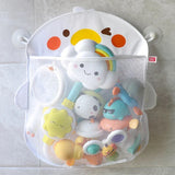Mesh storage bag with colorful bath toys on a tiled floor