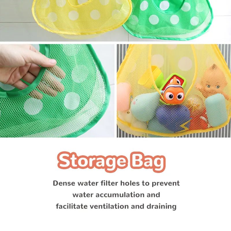 Mesh storage bags with colorful bath toys and text describing their features.