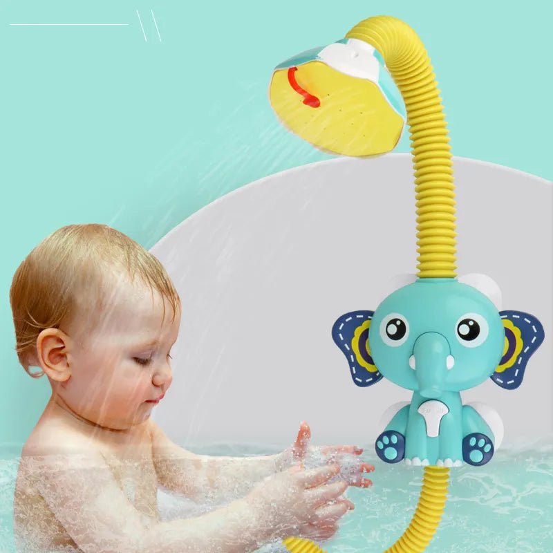 Child playing with a blue elephant bath toy with a yellow shower head against a light blue background