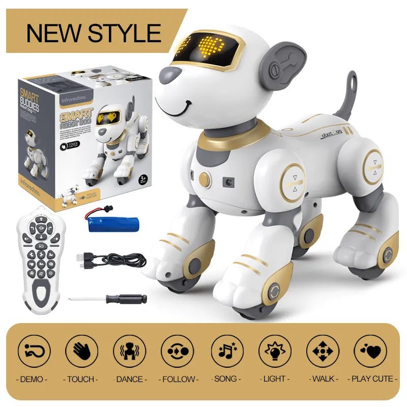 Robotic dog toy with remote control, power cable, and packaging.