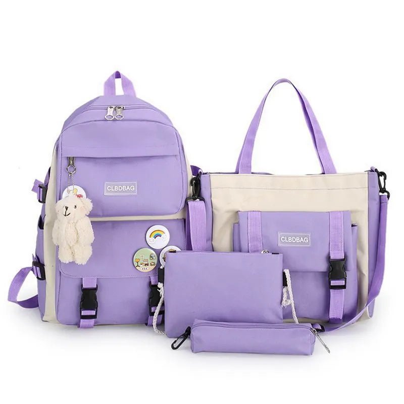 Purple backpack, handbag, and pouch set.