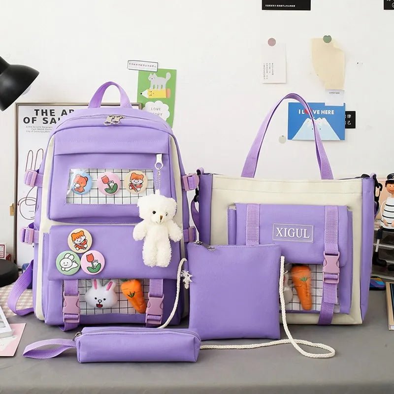 Purple backpack with various compartments and a teddy bear on a desk.
