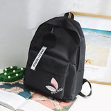 Black backpack with visible branding on a magazine background