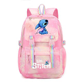 Pink backpack with a cartoon character.