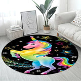 Round rug with a colorful unicorn design in a living room setting.