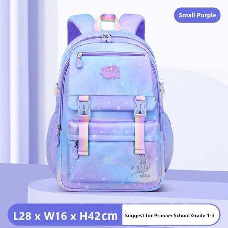 Small purple backpack with rainbow accents.