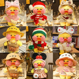 Collage of a plush toy duck in various outfits on a table.