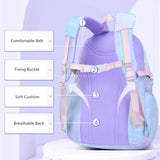 Purple backpack with rainbow straps labeled for comfort features.