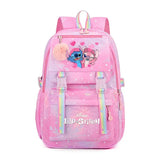 Pink backpack with cartoon characters.