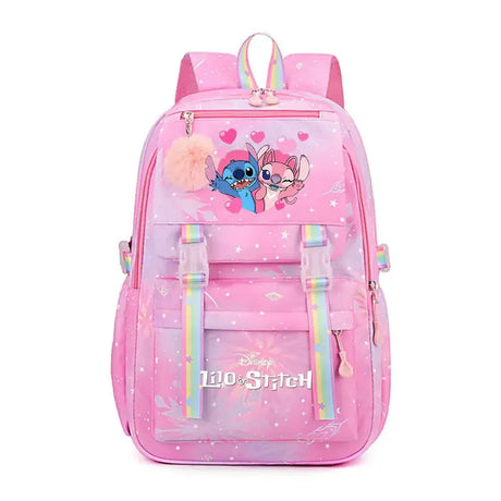 Pink backpack with cartoon characters.