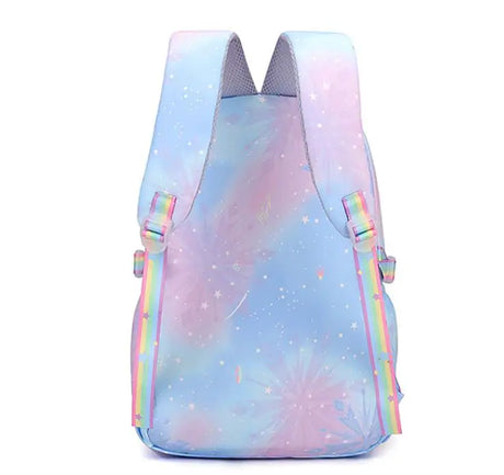 Pastel-colored backpack with rainbow accents.