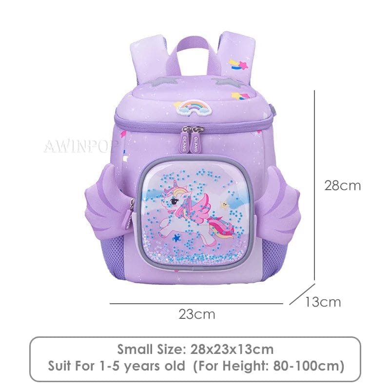 Purple children's backpack with cartoon design and measurements